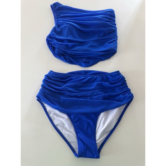 Women's Bikini Set Tummy Control Two Pcs Swimsuit Mesh One Shoulder royal blue S - Picture 7 of 15